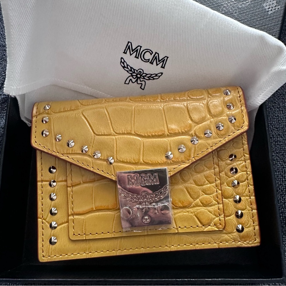 MCM Yellow Croc-Embossed Mini Wallet with Silver Studs